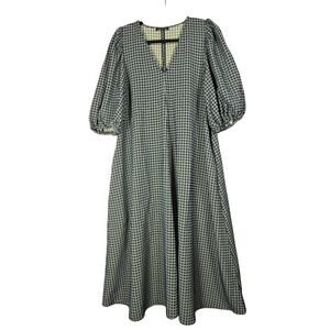 Stine Goya Mavelin Midi Dress Small 916 Grid Stretch Blue Check Puff Sleeve